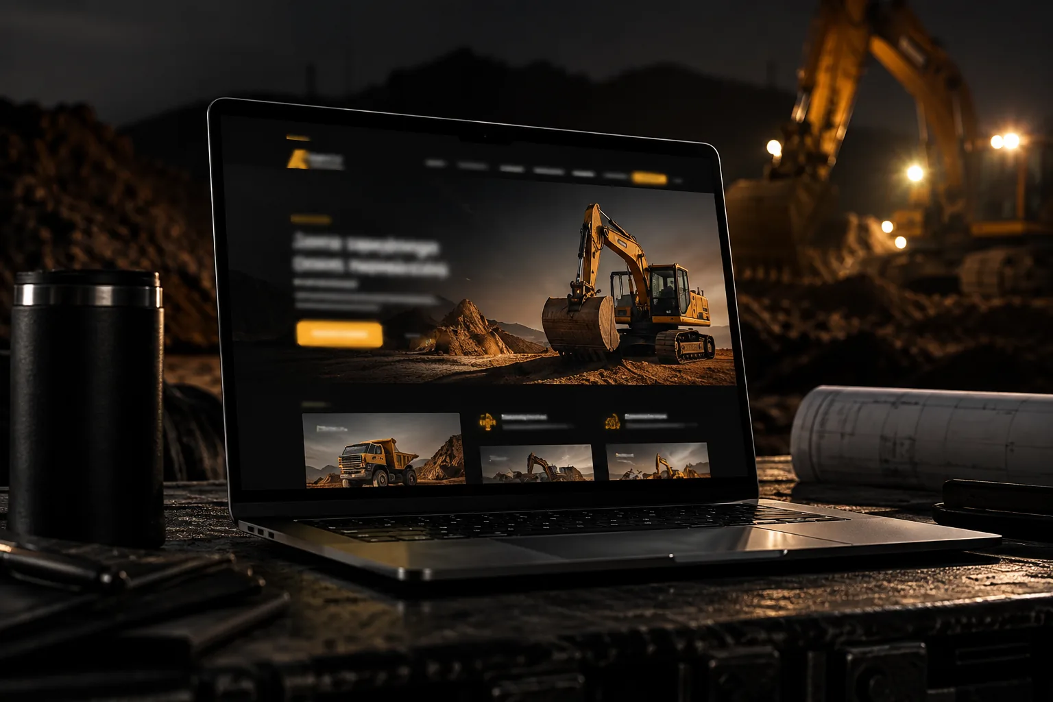 Mockup do site da Foco Engenharia em um laptop, com imagens de máquinas de terraplenagem